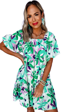 Green Floral Print Shirred Square Neck Loose Fit Mini Dress