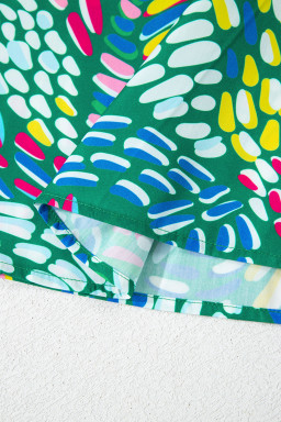 Green Geometric Print Puff Sleeve Notched Neck Blouse