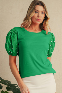 Bright Green Pearl Beaded Puff Sleeve Ribbed Top