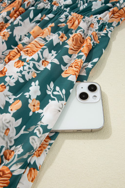 Green Floral Print Trimmed V Neck Sleeveless Vacation Dress