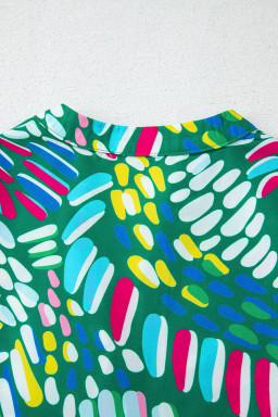 Green Geometric Print Puff Sleeve Notched Neck Blouse