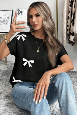 Black Bow Pattern Short Sleeve Knit Top