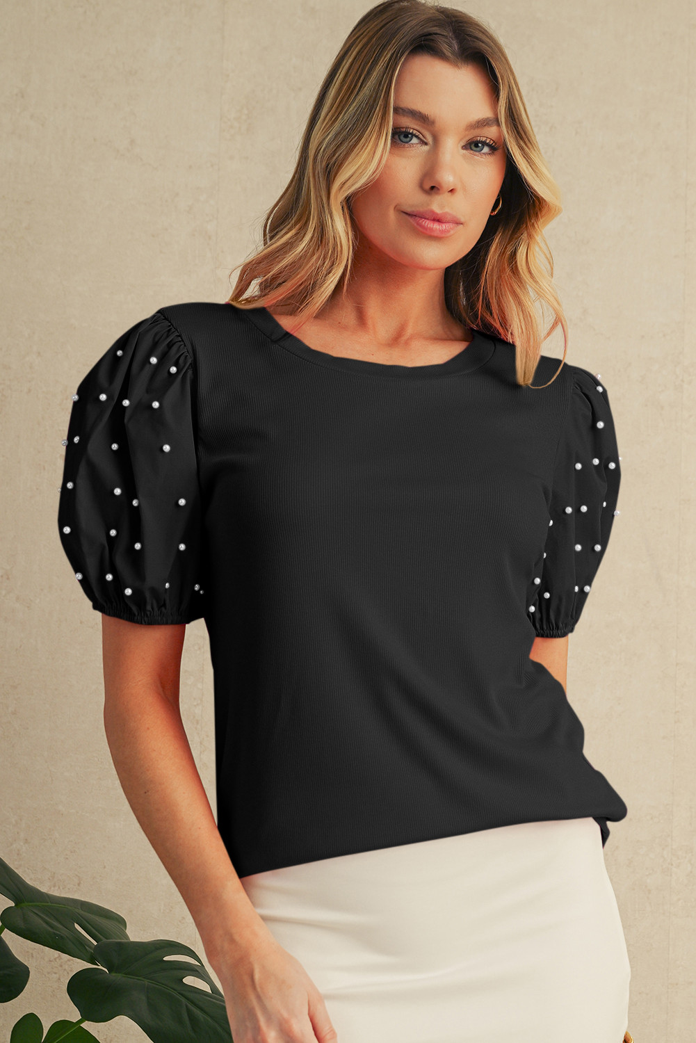 Black Pearl Beaded Puff Sleeve Ribbed Top