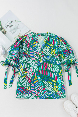 Green Geometric Print Puff Sleeve Notched Neck Blouse