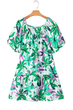 Green Floral Print Shirred Square Neck Loose Fit Mini Dress