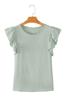 Clearly Aqua Solid Color Ruffle Sleeve Crinkled Blouse