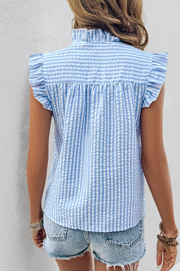Sky Blue Stripe Lace Patchwork Stand Neck Ruffle Blouse