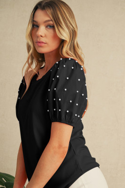 Black Pearl Beaded Puff Sleeve Ribbed Top