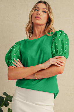 Bright Green Pearl Beaded Puff Sleeve Ribbed Top