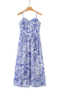Sky Blue Floral Print Spaghetti Strap High Waist Maxi Dress