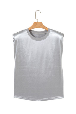Silvery Solid Sleeveless Round Neck Tee