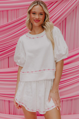 White Sweet Bow Trim Pearl Embellished Blouse and Skort Set