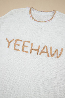 White YEEHAW Contrast Stitch Edge Knit Top