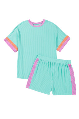 Light Blue Colorblock Corded Plus Size Two Piece Shorts Set