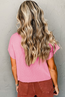 Pink Sequin Bunny Doll Graphic Ribbed High Neck Short Sleeve Sweater