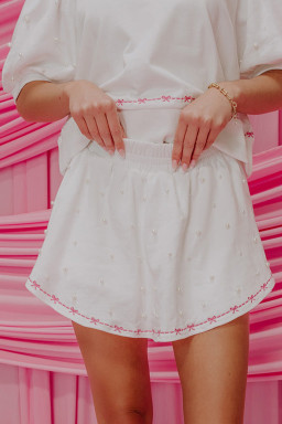White Sweet Bow Trim Pearl Embellished Blouse and Skort Set