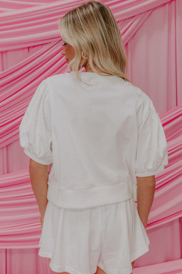 White Sweet Bow Trim Pearl Embellished Blouse and Skort Set