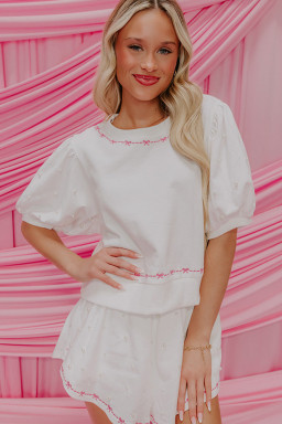 White Sweet Bow Trim Pearl Embellished Blouse and Skort Set