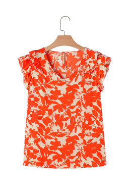 Orange Floral Print Ruffle Sleeve V Neck Top