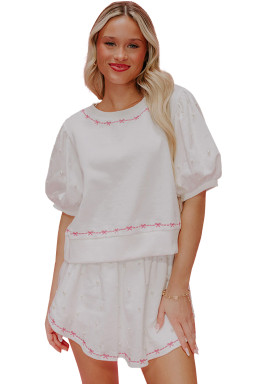 White Sweet Bow Trim Pearl Embellished Blouse and Skort Set