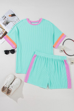 Light Blue Colorblock Corded Plus Size Two Piece Shorts Set