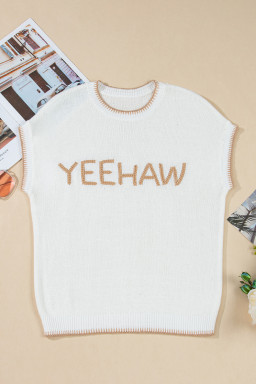 White YEEHAW Contrast Stitch Edge Knit Top