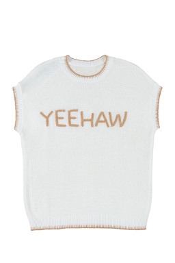 White YEEHAW Contrast Stitch Edge Knit Top