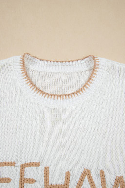 White YEEHAW Contrast Stitch Edge Knit Top
