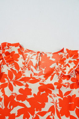 Orange Floral Print Ruffle Sleeve V Neck Top