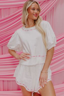 White Sweet Bow Trim Pearl Embellished Blouse and Skort Set