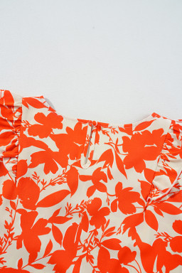 Orange Floral Print Ruffle Sleeve V Neck Top