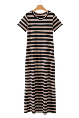 Black Striped Side Pockets T-shirt Maxi Dress