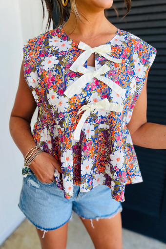 Rose Floral Bow Front Sleeveless Peplum Shirt