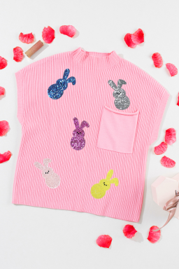 Pink Sequin Bunny Doll Graphic Ribbed High Neck Short Sleeve Sweater