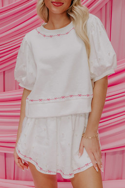 White Sweet Bow Trim Pearl Embellished Blouse and Skort Set