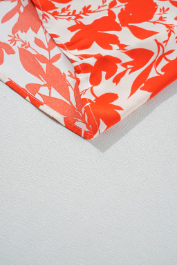 Orange Floral Print Ruffle Sleeve V Neck Top