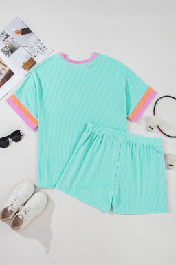Light Blue Colorblock Corded Plus Size Two Piece Shorts Set