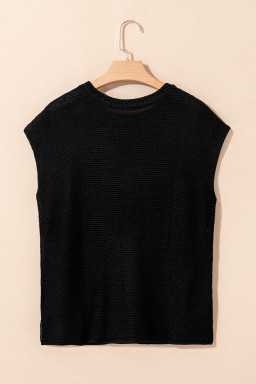 Black Solid Color Side Slits Knit Tee