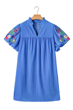 Sky Blue Floral Embroidered Puff Sleeve Plus Size Mini Dress