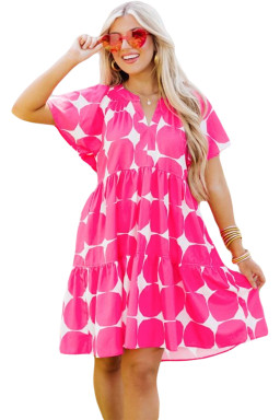 Rose Polka Dot Flutter Sleeve Notched Neck Tiered Flowy Dress