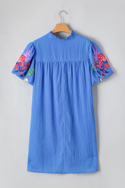 Sky Blue Floral Embroidered Puff Sleeve Plus Size Mini Dress