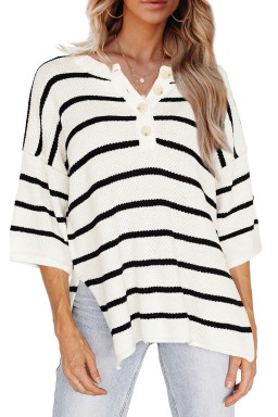 White Stripe Drop Shoulder Bracelet Sleeve Henley Knit Tee