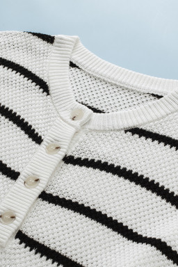 White Stripe Drop Shoulder Bracelet Sleeve Henley Knit Tee