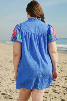 Sky Blue Floral Embroidered Puff Sleeve Plus Size Mini Dress