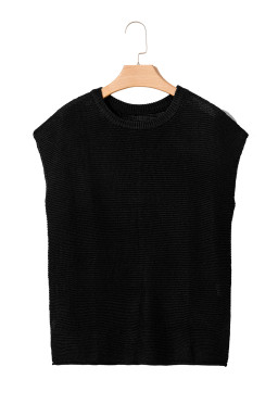 Black Solid Color Side Slits Knit Tee