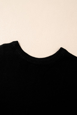 Black Solid Color Side Slits Knit Tee
