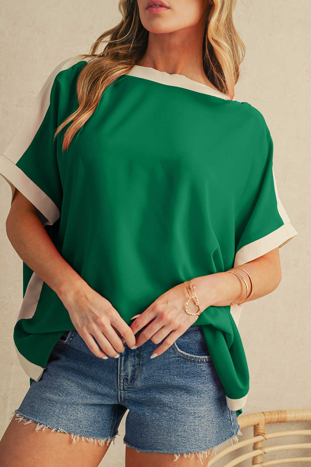 Green Colorblock Batwing Sleeve Boat Neck Blouse