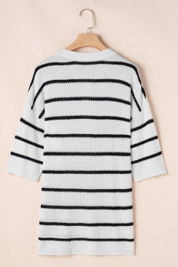 White Stripe Drop Shoulder Bracelet Sleeve Henley Knit Tee