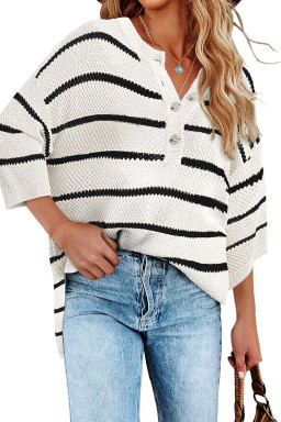 White Stripe Drop Shoulder Bracelet Sleeve Henley Knit Tee