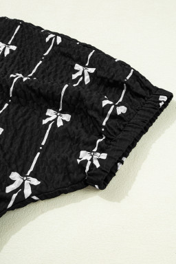 Black Bow Print Striped Puff Short Sleeve Blouse